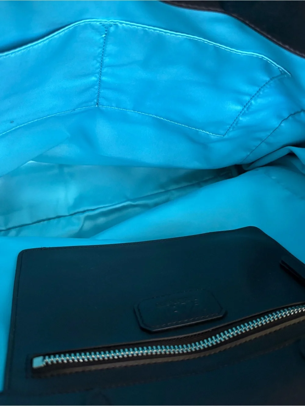 Karl Lagerfeld Light Teal Patent Tote with Black Leather Handles